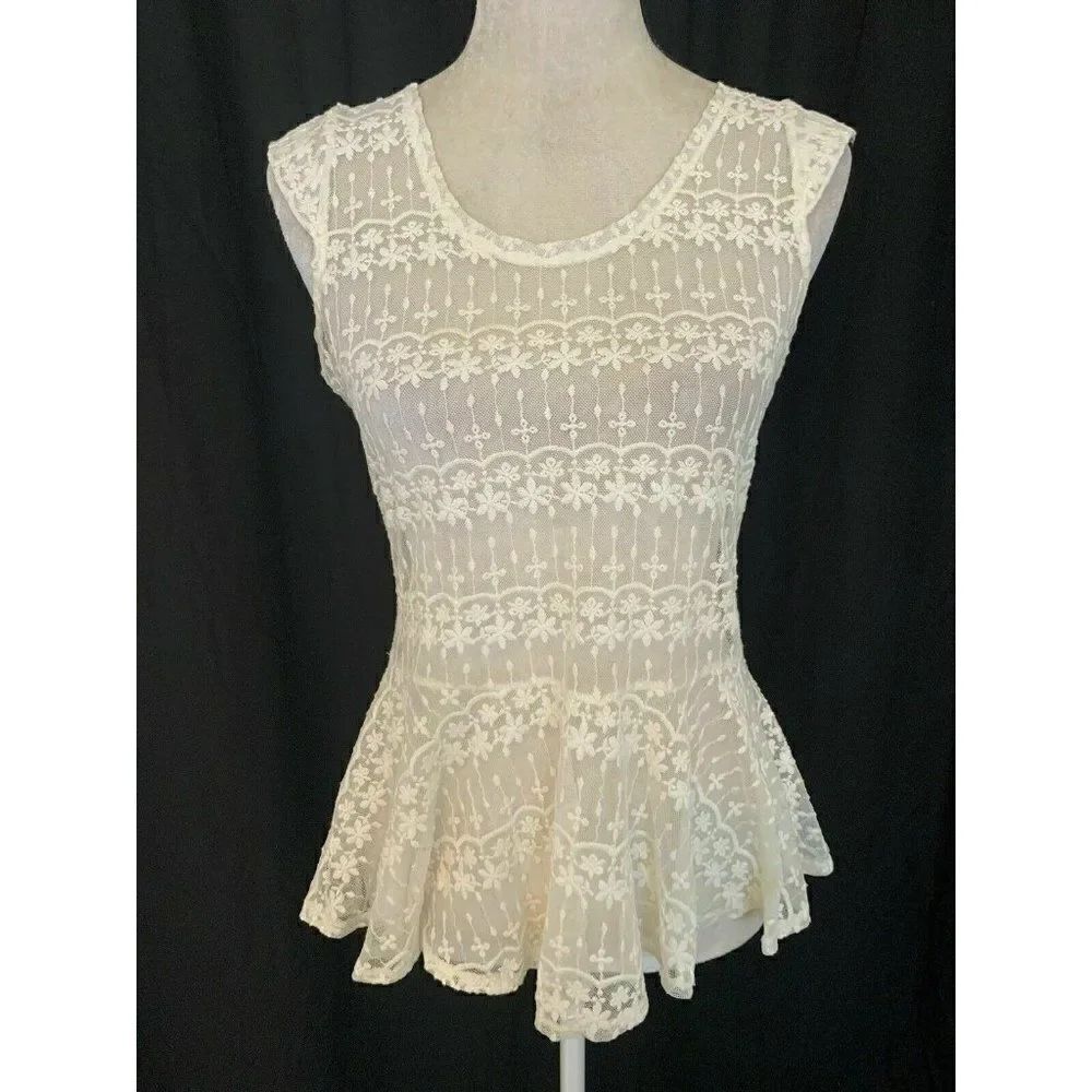 Zara Womens Solid White Lace Sheer Scoop Neck Fit Flare Tank Top Medium